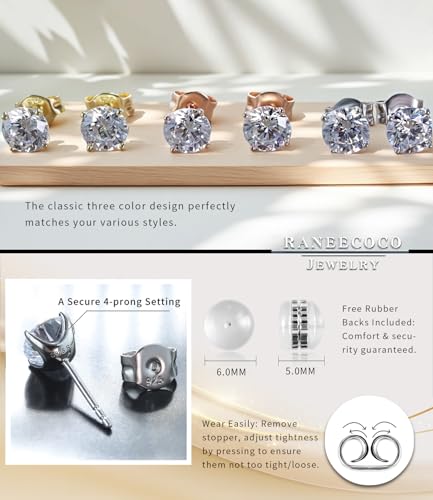 "STUNNING FLAME" Solid 14K Gold Post & Sterling Silver Round Cut Cubic-Zirconia Stud CZ Earrings | Hypoallergenic Jewelry - color: 14k Gold Post & Sterling Silver - White, size: 1.0 Carat-(0.5ct*2)-5.25mm