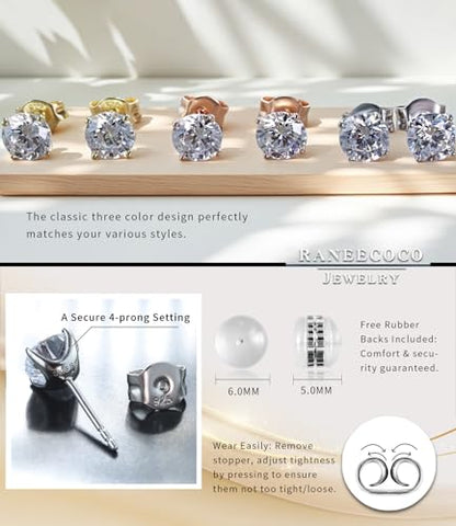 "STUNNING FLAME" Solid 14K Gold Post & Sterling Silver Round Cut Cubic-Zirconia Stud CZ Earrings | Hypoallergenic Jewelry - color: 14k Gold Post & Sterling Silver - White, size: 4.0 Carat-(2.0ct*2)-8mm