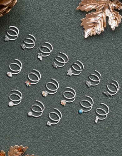 Akeoqi 16PCS Double Nose Ring Hoop For Single Piercing Stainless Steel Dangle Spiral Nose Rings Snake Flower Butterfly Planet Angel Wings Heart Ball Twist Earring Hoops Body Piercing Jewelry For Women - color: A: Silver-1