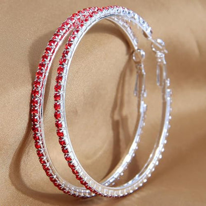 80mm Rhinestone Hoop Earrings for Women Sparkly Earrings Cubic Zirconia Circle Earring Exaggerated Prom Earring Large Rhinestones Round Hoop Earrings Silver Prom Jewelry for Party Wedding Birthday - color: Red