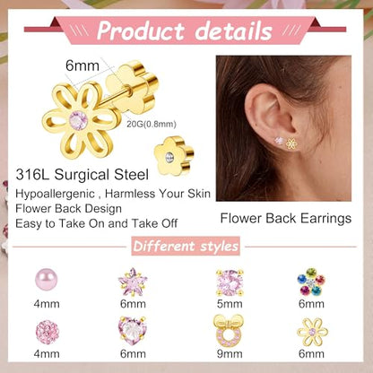 Staligue 8 & 21 Pairs Hypoallergenic Screw Back Earrings for Women – 20G Surgical Steel Flat Back Studs with Heart, CZ, Pearl, Star & Ball Designs | Tiny Cartilage Jewelry Options - color: Golden