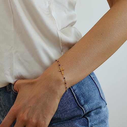 18K Gold Plated Pearl Beaded Cross Bracelets for Women Adjustable Stainless Steel Dainty Thin Gold Box Cuban Twisted Link Chain Bracelet Bridesmaid Jewelry Gifts - color: Black Cross-Gold