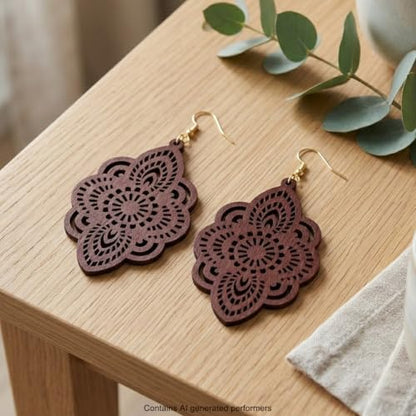 Boho Black Filigree Dangle Earrings for Women, Lightweight Hollow Lace Drop, Wood, 3.34" x 1.69", Bohemian Jewelry - color: Dark Winered