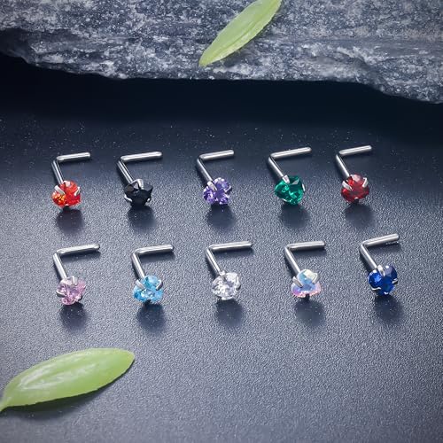 ASTM F136 Titanium Nose Rings 18G 20G 22G Mix Color Heart Cubic Zirconia Nose Studs Ring Screw L-Shaped Bone Hypoallergenic Body Piercing Jewelry for Women 3mm 10PCS - style: L-Shaped:18G(1.0mm)