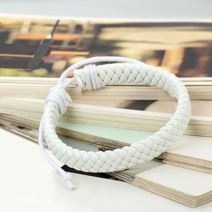 Leather Surfer Cuff Bracelet: Adjustable Braided Rope Woven Wrap Wristband for Men Women, Fit 7.6-10.6 inch Wrist - color: White