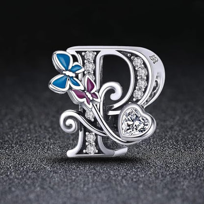 S925 Silver Butterfly Initial Letter Charms Fit for Pandora Charms Bracelets and Necklace Alphabet Bead Charms Jewelry Gifts for Women - color: P