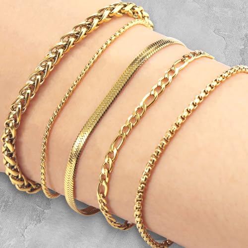 Gold Bracelets for Women Jewelry Sets for Women Trendy Thin Dainty Stackable Cuban Link Paperclip Chain Bracelet Pack Fashion Accessories Gifts for Womens
