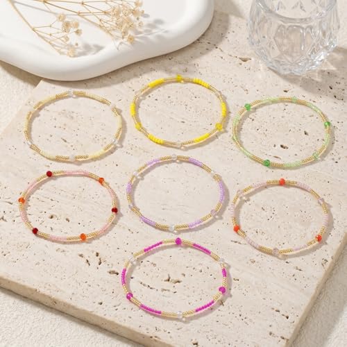 Colorful Stackable Rice Small Mini Seed Beaded Bracelets Set For Women, Handmade Dainty Boho Gold Glass Stretch Accessories Jewelry,Summer Beach Party Daily Friendship Gift - color: 7Pcs Gold Crystal