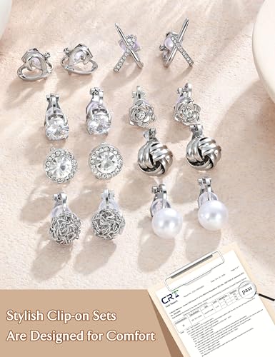 11 Pairs Clip on Earrings for Women 14K Gold Plated Clip Earring | Hypoallergenic Earrings for Non Pierced Ears, Chunky Cubic Zirconia Pearl Knot Flower Fake Ear Clips Set Jewelry - color: Silver Plated