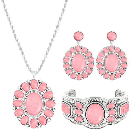 NEWITIN 4 Pieces Silver Bohemian Jewelry Set for Women Fashion Costume Jewels Turquoise Necklace Bracelet Earrings Western Turquoise Jewelry Set for Women - color: Pink Turquoise