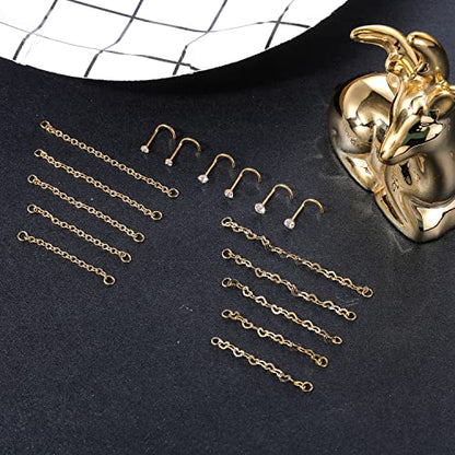 PunkTracker 20G Nose Rings 2mm 2.5mm 3mm CZ Nose Studs | with Chains Surgical Steel Nose Piercing Jewelry Nose Ring Studs - style: Gold, Nose Screw, B
