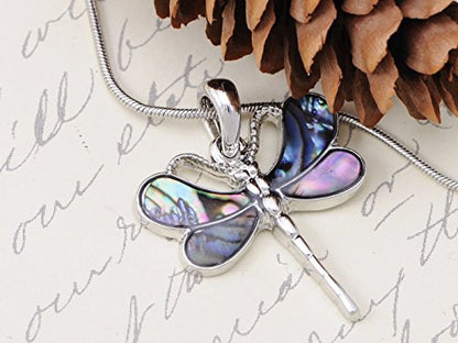 Alilang Silver Tone Abalone Colored Stone Butterfly Insect Wings Pendant Necklace - color: Dragonfly