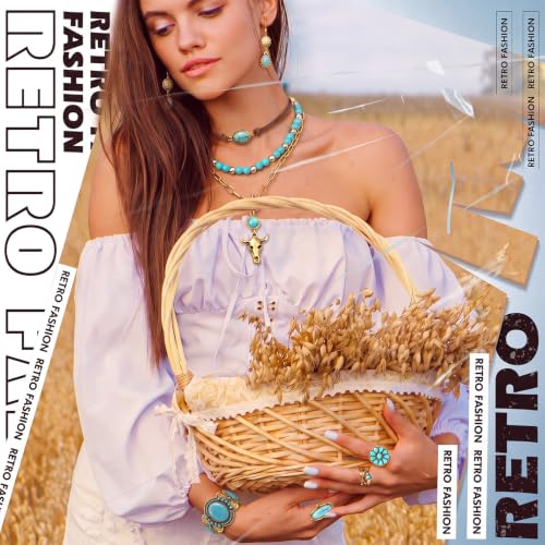 Ecally Bohemian Western Jewelry Turquoise Set Women Country Pendant Long Choker Layered Bracelets Earrings Ring for Women - color: Gold, style: Shiny