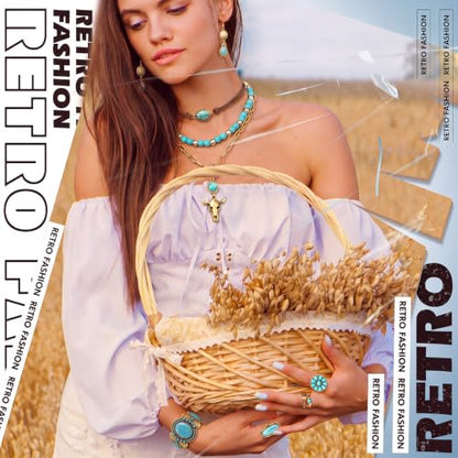 Ecally Bohemian Western Jewelry Turquoise Set Women Country Pendant Long Choker Layered Bracelets Earrings Ring for Women - color: Gold, style: Shiny