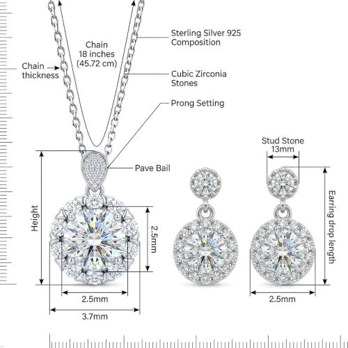 CZ Necklace and Stud Earrings Set for Women, 2PCS | Cubic Zirconia, Matching Jewelry Set, Dainty Sparkling, Daily Wear - color: 1CT+5CT Sunburst Huggie Set