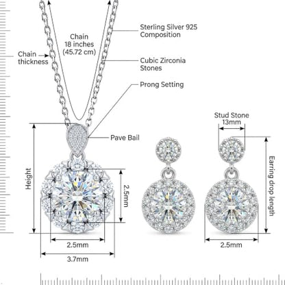 CZ Necklace and Stud Earrings Set for Women, 2PCS | Cubic Zirconia, Matching Jewelry Set, Dainty Sparkling, Daily Wear - color: 1CT+5CT Sunburst Huggie Set