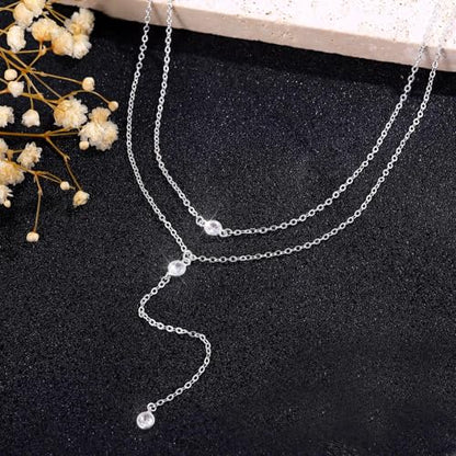 Zeffy Diamond Necklaces for Women, Dainty Gold Necklace 18k Gold Plated Layered Necklaces Simple Gold CZ Diamond Pendant Necklaces for Women Trendy Jewelry Gifts for Girls - color: Silver Three CZ Layered Y Necklace