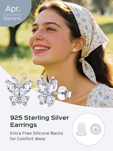 ChicSilver 925 Sterling Silver Bow/Butterfly Earrings for Women Hypoallergenic Birthstone Earrings Dainty Bow/Butterfly Jewelry Gift for Women - color: Butterfly-April-Diamond