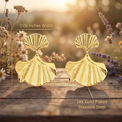 Chunky Gold Plated Flower Statement Drop Earrings for Women | Hypoallergenic 18K Gold Plated Textured Petal Wing, Large Statement Dangle Earrings for Wedding Party - color: Gold Medium Ginkgo Leaf-D