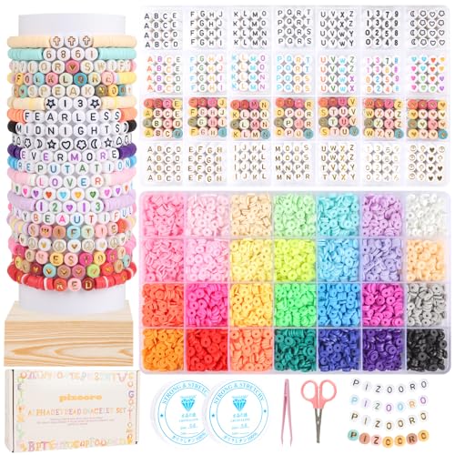 Pizooro Friendship Bracelet Kit, 28 Colors 5040 Pcs Clay Beads 1200 Pcs Letter Beads for Bracelets Making,4 Styles Round Alphabet,Number,Heart,Pattern Beads,Jewelry Craft Kits Gift - color: Rainbow