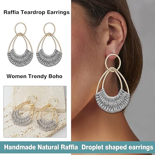 Raffia Hoop Earrings for Women Fun Boho Summer Beach Earrings Lightweight Handmade Straw Wicker Rattan Dangle Earrings Statement Geometric Round Drop Earrings - color: Grey - Teardrop