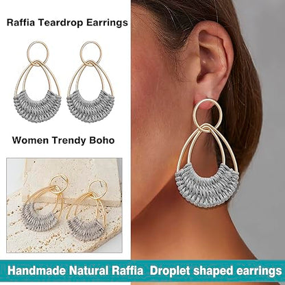 Raffia Hoop Earrings for Women Fun Boho Summer Beach Earrings Lightweight Handmade Straw Wicker Rattan Dangle Earrings Statement Geometric Round Drop Earrings - color: Grey - Teardrop