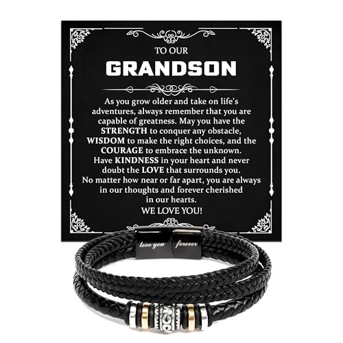To Our Grandson Bracelet from Grandpa and Grandma - Love You Forever Engraved Leather Wristband with Inspirational Message Card - Sentimental Birthday Graduation Gift for Men, Teen - color: Version-06