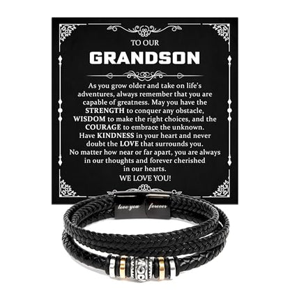 To Our Grandson Bracelet from Grandpa and Grandma - Love You Forever Engraved Leather Wristband with Inspirational Message Card - Sentimental Birthday Graduation Gift for Men, Teen - color: Version-06
