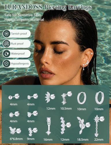 Turandoss 24Pcs Flat Back Earring Stacks, 316L Surgical Steel Earrings | Hypoallergenic Earrings for Sensitive Ears, Small Dainty Earrings Set, Helix Tragus Conch Daith Piercing Jewelry - color: Silver