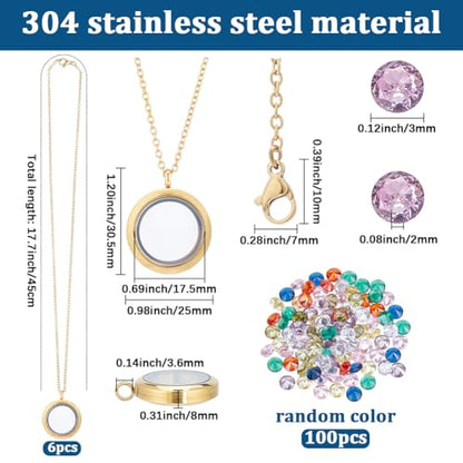 6Pcs Stainless Steel Locket Pendants Gold Floating Memory Locket | Flat Round Birthstone, Polished Keepsake, Living Picture Pendant Necklace, Women Friendship Necklaces Nostalgic Decor - style: gold