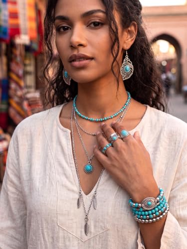 Ecally Bohemian Western Jewelry Turquoise Set Women Country Pendant Long Choker Layered Bracelets Earrings Ring for Women - color: Turquoise, style: Modish