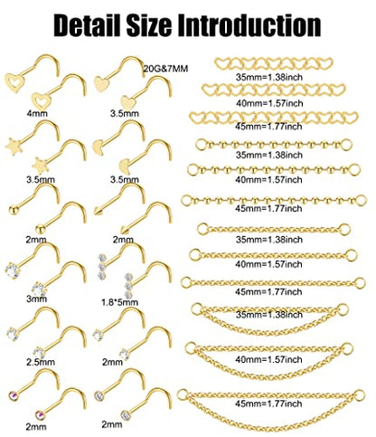 20G Stainlesss Steel Nose Rings Stud Nose Chain Piercing Across Double Nose Stud Womens Nostril Piercing Jewelry - color: Screw Shaped Gold