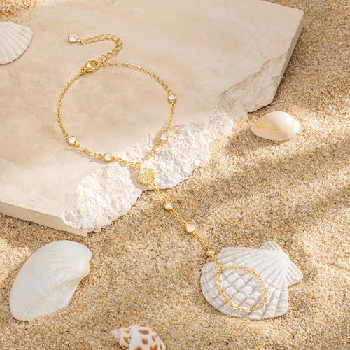 Mothers Day Gifts 14K Gold Plated Hand Chain Bracelet for Women, Stackable Gold/Silver Finger Ring Bracelet Hand Chain Dainty Non Tarnish Waterproof CZ Satellite Bead Link Adjustable Jewelry - color: Gold-Style 7