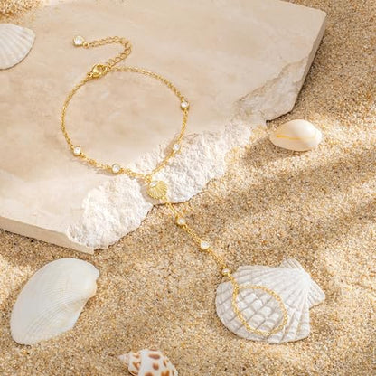 Mothers Day Gifts 14K Gold Plated Hand Chain Bracelet for Women, Stackable Gold/Silver Finger Ring Bracelet Hand Chain Dainty Non Tarnish Waterproof CZ Satellite Bead Link Adjustable Jewelry - color: Gold-Style 7