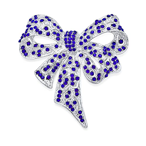 Bling Jewelry Victorian Vintage Style Winter Wedding Holiday Royal Blue White Glittering Crystal Pave Bridal Fashion Large Statement Filigree Ribbon Bow Scarf Brooch Pin For Women Silver Rose Plated - color: Navy