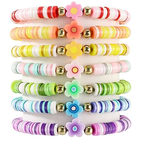 Yowivon Colorful Friendship Bracelets Set Preppy Flower Heart Star Evil Eye Beaded Pearl Clay Bead Bracelets - style: 7 Pcs-Flower