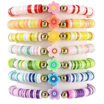 Yowivon Colorful Friendship Bracelets Set Preppy Flower Heart Star Evil Eye Beaded Pearl Clay Bead Bracelets - style: 7 Pcs-Flower