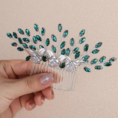 3D Silver Flower Hair Comb with Green Crystal for Wedding Brides Women Banquet Prom Hair Piece Handmade Side Headpiece (Green) - color: Green