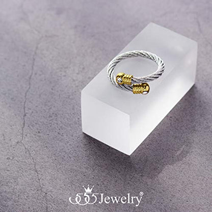 555Jewelry Stainless Steel Twisted Cable CZ Adjustable Open Ring for Women & Ladies - color: Silver & Gold