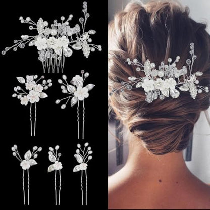 6 Pcs Bridal Flower Wedding Hair Pins Crystal Pearl Hair Clips Headpiece Wedding Hair Accessories Jewelry with Rhinestone for Brides Bridesmaids Women Girls Updo - color: Silver6pcs