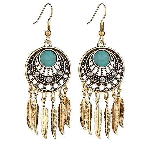 Blue Turquoise Dream Catcher Feather Earrings for Women Vintage Bohemian Western Jewelry - style: Gold Turquoise