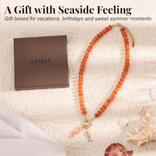 SAMYA Gemstone Beaded Necklace for Women | Ocean Charm Necklace with 8x4mm Natural Dyed Jade Beads, Adjustable 16"+2" Beach Necklace for Women - color: red jade