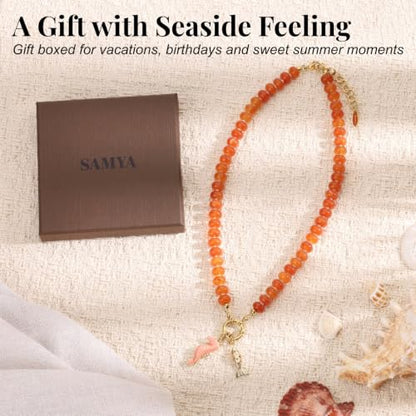 SAMYA Gemstone Beaded Necklace for Women | Ocean Charm Necklace with 8x4mm Natural Dyed Jade Beads, Adjustable 16"+2" Beach Necklace for Women - color: red jade