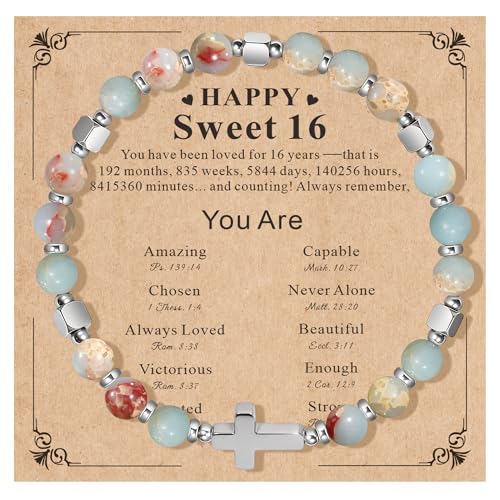 Natural Stone Stretch Bracelet for Women - Holy Water Elastic Cross Bracelet | Christmas Christian Baptism Gift, Meaningful Gifts, Unique Gift for Friends Mom Daughter Sister - style: cross-Sweet 16