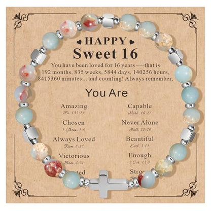 Natural Stone Stretch Bracelet for Women - Holy Water Elastic Cross Bracelet | Christmas Christian Baptism Gift, Meaningful Gifts, Unique Gift for Friends Mom Daughter Sister - style: cross-Sweet 16