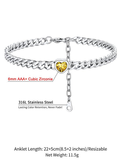 ChainsHouse Cuban Chain Anklets for Women with Heart Birthstone Jan - Dec | Stainless Steel Black Link Chain Ankle Bracelet with Birthstone, Beach Women Anklet 22cm-27cm Adjustable, with Gift Box - color: 11. Nov.-Topaz-Steel