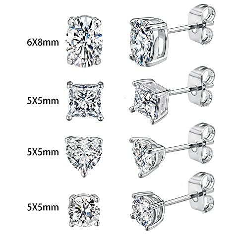 CZ Stud Earrings Set 4 Pairs, Multiple Shapes - Round Heart Princess Cut Oval Clear Cubic Zirconias, White Gold/Rose Gold/Gold - color: White Gold