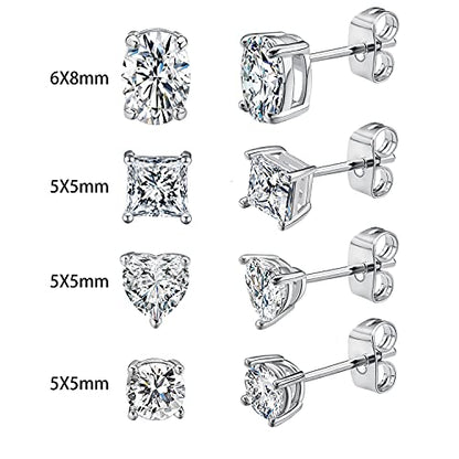 CZ Stud Earrings Set 4 Pairs, Multiple Shapes - Round Heart Princess Cut Oval Clear Cubic Zirconias, White Gold/Rose Gold/Gold - color: White Gold
