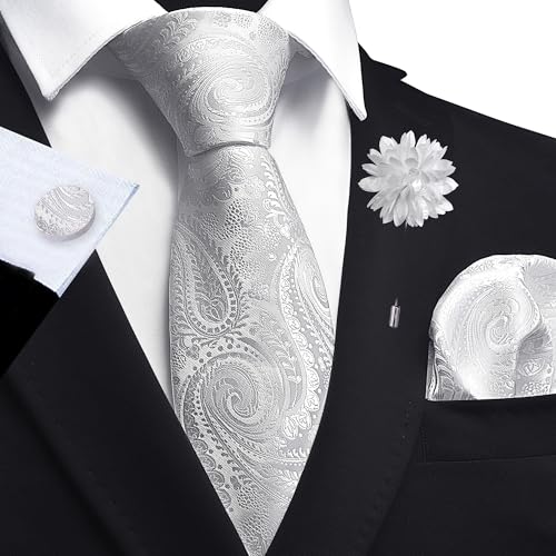 GUSLESON Paisley Tie Set for Men 3.15" Necktie Lapel Pin Hankerchief Cufflinks Set for Men - color: White