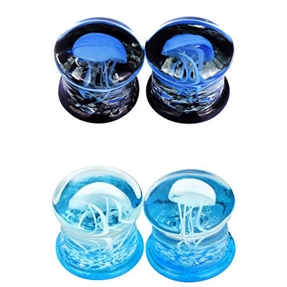 Stuppendux 4 Style 2Set Color Ocean Jellyfish Glass Double Flared Ear Plugs Tunnels Expander Stretching Kit Gauge 0g-5/8 8-16mm - color: Blue=8MM